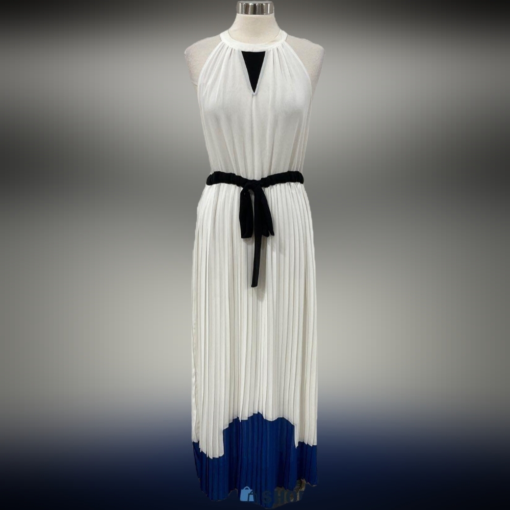 MAX STUDIO CHOKER HALTER PLEATED SKIRT COLORBLOCK MAXI DRESS